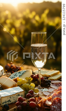 Sparkling Wine with Cheese and Charcuterie in Summer Picnic Setting 124115799