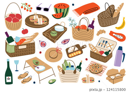 Picnic baskets with food, serving trays, set of wooden boards for outdoor dining. Fruits, cheese, wine, sandwiches, summer accessories icons collection. Picnic vector illustration, spring doodles 124115800