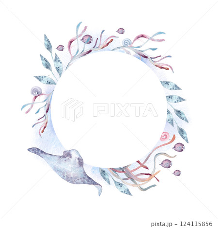Pink seaweeds and blue stingray aquatic monochrome circle frame watercolor isolated white background. Ocean creatures life wreath. Stingray and fishes in soft dusty tones hand drawn undersea frame. 124115856