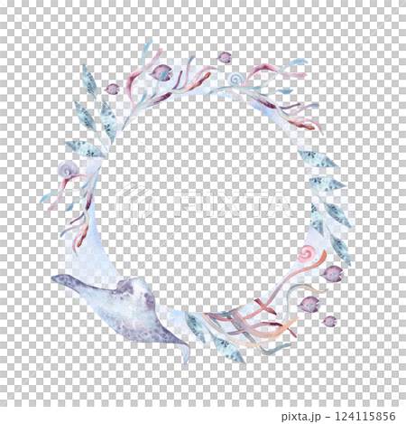 Pink seaweeds and blue stingray aquatic monochrome circle frame watercolor isolated white background. Ocean creatures life wreath. Stingray and fishes in soft dusty tones hand drawn undersea frame. Pink seaweeds and blue stingray aquatic monochrome circle frame watercolor isolated white background. Ocean creatures life wreath. Stingray and fishes in soft dusty tones hand drawn undersea frame. 124115856