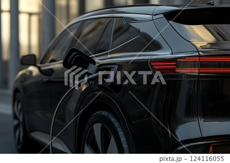 Black Electric SUV Charging in Urban Environment with Modern Architectural Background 124116055