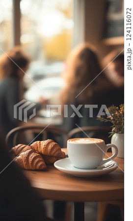 Cozy Cafe Scene With Coffee And Croissants On Table, Soft Natural Light, Boho Style Cozy Cafe Scene With Coffee And Croissants On Table, Soft Natural Light, Boho Style 124116072