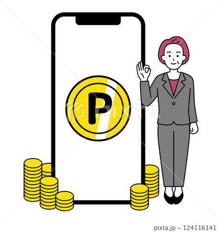 スマートフォンでポイントがたくさん溜まっている中年のスーツの女性 スマートフォンでポイントがたくさん溜まっている中年のスーツの女性 124116141