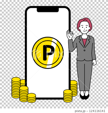 スマートフォンでポイントがたくさん溜まっている中年のスーツの女性 スマートフォンでポイントがたくさん溜まっている中年のスーツの女性 124116141