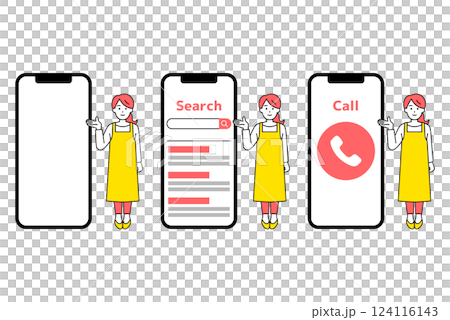 大きいスマートフォンとエプロン姿の女性のセット 124116143
