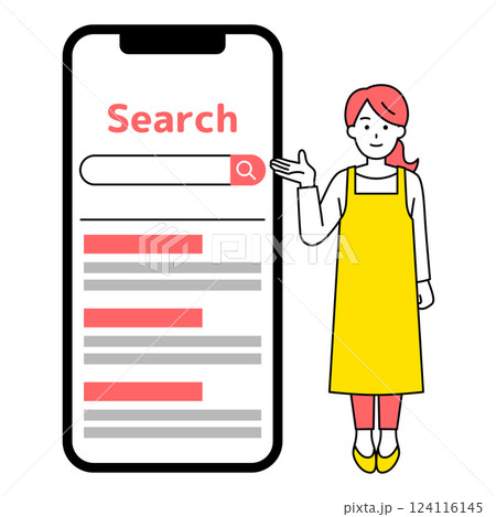 検索画面が表示されたスマートフォンとエプロン姿の女性 124116145