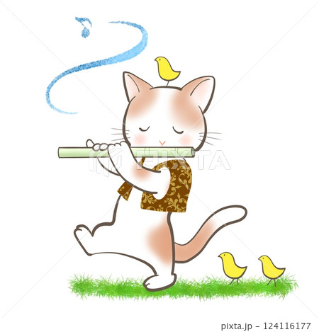 ネコがヒヨコたちと散歩しながらフルートを吹いているイラスト ネコがヒヨコたちと散歩しながらフルートを吹いているイラスト 124116177