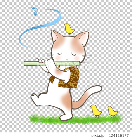 ネコがヒヨコたちと散歩しながらフルートを吹いているイラスト ネコがヒヨコたちと散歩しながらフルートを吹いているイラスト 124116177