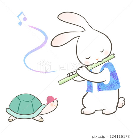 ウサギがカメにフルートを聴かせているイラスト 124116178