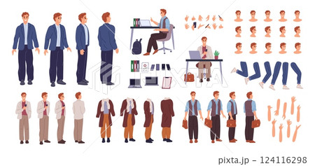 Businessman character kit. Cartoon man constructor. Office formal wear. Different gadgets and male accessories. Guy at computer desk. Various hands and feet positions. Garish vector set 124116298