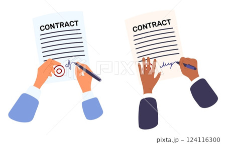 Businessman signing contract. Business agreement paper top view. Document sheet with signature and seal. Hands write with pens. Partnership deal conclusion. Partners arms. Vector concept Businessman signing contract. Business agreement paper top view. Document sheet with signature and seal. Hands write with pens. Partnership deal conclusion. Partners arms. Vector concept 124116300