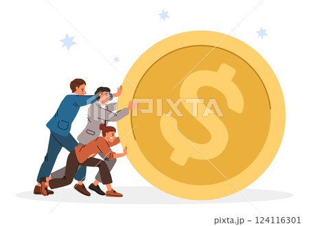 Businessmen pushing coin. Big gold money. Group of people rolling dollar. Financial investment. Business team earning finance. Teamwork success. Employees work together. Vector concept Businessmen pushing coin. Big gold money. Group of people rolling dollar. Financial investment. Business team earning finance. Teamwork success. Employees work together. Vector concept 124116301
