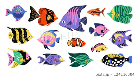 Cartoon exotic fish. Tropical ocean wildlife. Underwater color creatures. Little aquarium inhabitants. Bright goldfish. Marine animals swimming. Caribbean undersea pet. Garish vector set Cartoon exotic fish. Tropical ocean wildlife. Underwater color creatures. Little aquarium inhabitants. Bright goldfish. Marine animals swimming. Caribbean undersea pet. Garish vector set 124116304