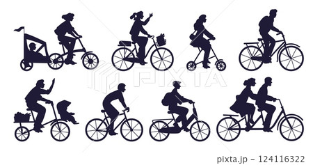 People on bicycles. Man and woman ride on bikes. Bicyclist black silhouettes. City transportation. Cycle stroller trailer for kids. Person baking in park. Cycling friends vector set People on bicycles. Man and woman ride on bikes. Bicyclist black silhouettes. City transportation. Cycle stroller trailer for kids. Person baking in park. Cycling friends vector set 124116322