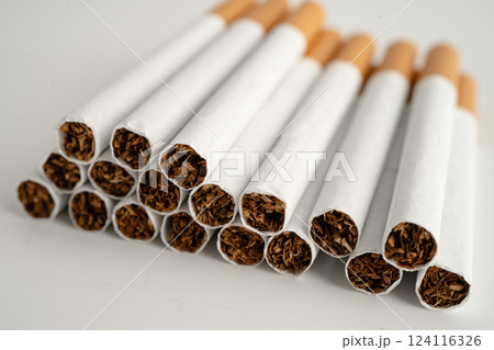 Cigarette, roll tobacco in paper with filter tube, No smoking. 124116326