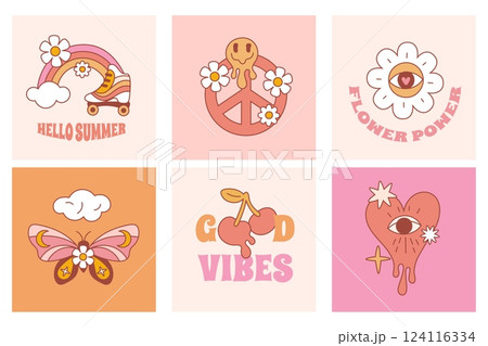 Retro hippie cards. Peace and love mini compositions. Cute groovy elements. Psychedelic Boho objects. 60s and 70s style. Good vibes. Flowers power. Dripping love heart. Garish vector set 124116334