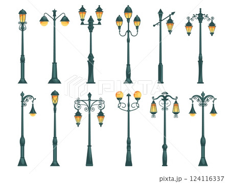 Street city lights. Decorative retro and modern lanterns. Outdoor electrical lamps. Vintage streetlights. Gothic lampposts. Classic illumination. Urban park elements. Splendid vector set 124116337