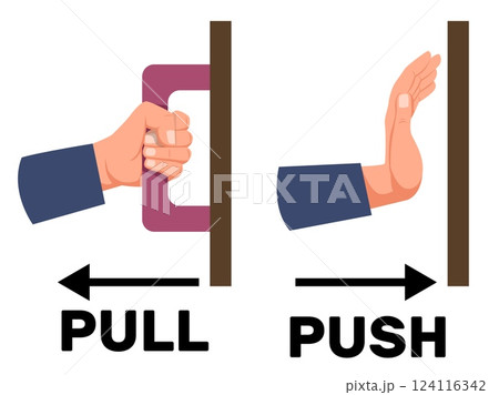 Ways to open door. Push or pull doorknob. Hand motion direction arrow. Graphic note for entrance. Doorway slam. Sign label. Instruction information. Attention message vector stickers set 124116342
