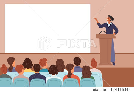 Woman lecturer speaks people on stage. Professor at tribune. University seminar. School education. Teacher standing in front of students audience. Academic auditorium. Vector concept 124116345