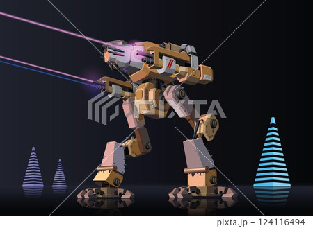 Robot with lasers and Christmas trees. Vector. 124116494