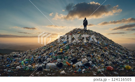 Man Standing On Garbage Hill Contemplating Pollution Under Dramatic Evening Sky 124116505