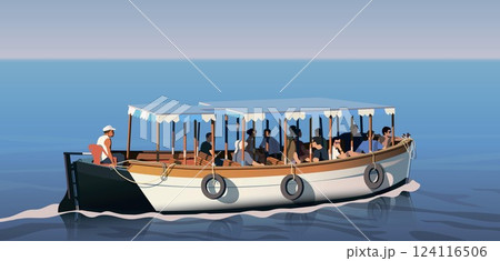 A boat with tourists sails on the sea. Vector. 124116506