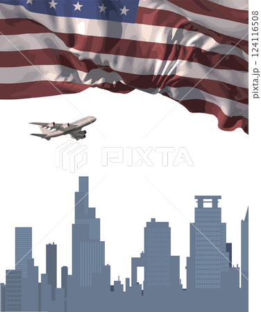 American flag over a metropolis with a flying airplane. Vector. 124116508