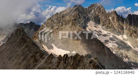 Panoramic View of Rocky Mountain Range with Clouds 124116940