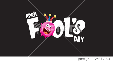 April Fools day funky horizontal banner with silly pink clown monster character isolated on black background. 1 st april fool day banner, poster, label, flyer and greeting card. Fool day print April Fools day funky horizontal banner with silly pink clown monster character isolated on black background. 1 st april fool day banner, poster, label, flyer and greeting card. Fool day print 124117003