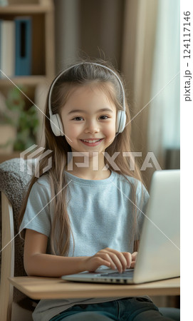 Smiling asian schoolgirl is making his homework 124117146