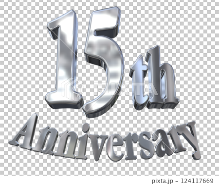 3DCG 字母“15 週年/15 週年紀念標誌閃光”銀色，銀色 124117669