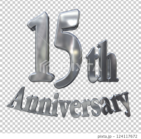 3DCG 字母“15 週年/15 週年紀念標誌閃光”銀色，銀色 124117672