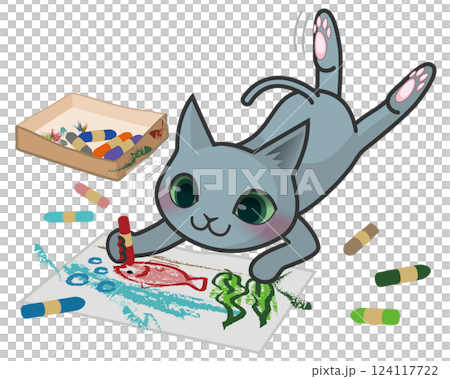 クレヨンで絵を描いている猫のキャラクター クレヨンで絵を描いている猫のキャラクター 124117722
