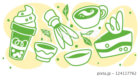 Matcha tea and dessert illustration set 124117762