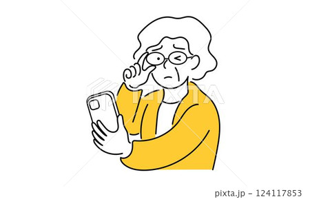 スマホを見るシニア女性のイラスト スマホを見るシニア女性のイラスト 124117853