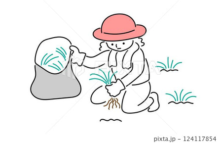 草むしりをする女性のイラスト 124117854