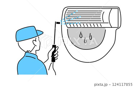 エアコンを洗浄クリーニングする作業着の男性のイラスト 124117855