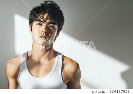 夏の日差しが落ちる部屋と白いタンクトップを着ている若い男性 夏の日差しが落ちる部屋と白いタンクトップを着ている若い男性 124117981