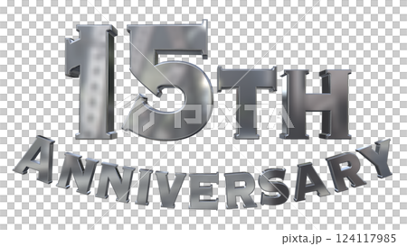 3DCG 字母“15 週年/15 週年紀念標誌閃光”銀色，銀色 124117985
