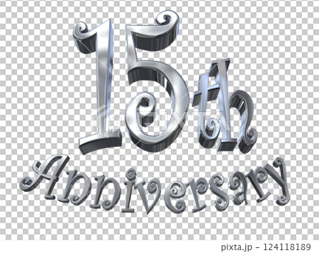 3DCG 字母“15 週年/15 週年紀念標誌閃光”銀色，銀色 124118189