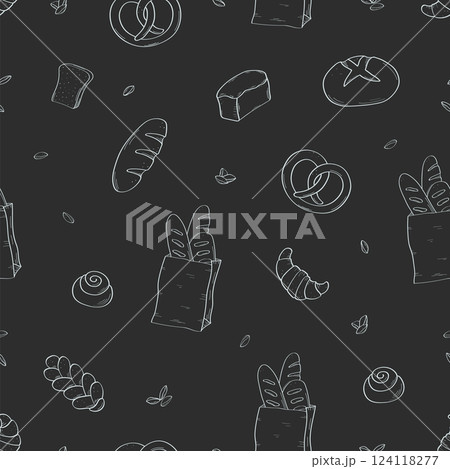 Seamless pattern Bread and bakery products. Background of baking doodle icons. 124118277