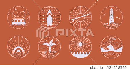 Line abstract surfing badge. Round vector illustrations about sun, ocean, vacation, tropical life. 124118352