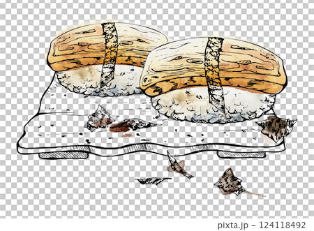 Japanese food nigiri sushi set on ceramic plate with tamagoyaki omelette on rice ball, nori flakes, hand drawn in watercolor and ink. Illustration for restaurant, cafe menu, kitchen print, recipe book Japanese food nigiri sushi set on ceramic plate with tamagoyaki omelette on rice ball, nori flakes, hand drawn in watercolor and ink. Illustration for restaurant, cafe menu, kitchen print, recipe book 124118492