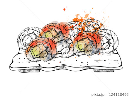 Japanese food sushi roll set on ceramic plate with raw fish alaska california rainbow, salmon avocado tuna daikon, hand drawn in watercolor and ink. Illustration for restaurant, cafe menu, recipe book Japanese food sushi roll set on ceramic plate with raw fish alaska california rainbow, salmon avocado tuna daikon, hand drawn in watercolor and ink. Illustration for restaurant, cafe menu, recipe book 124118493