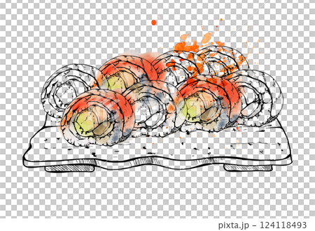 Japanese food sushi roll set on ceramic plate with raw fish alaska california rainbow, salmon avocado tuna daikon, hand drawn in watercolor and ink. Illustration for restaurant, cafe menu, recipe book 124118493