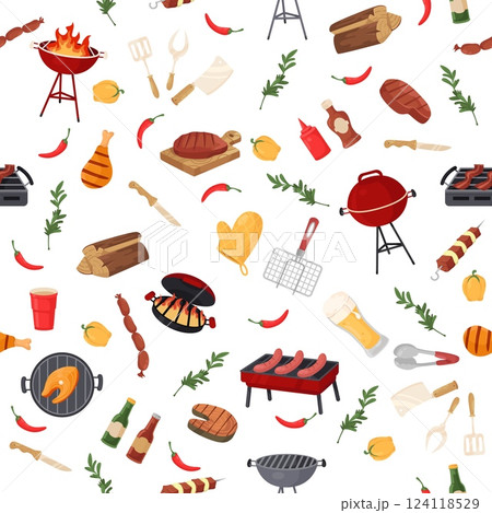 Barbecue seamless pattern. Picnic food. Grill with meat steaks and sausage. Frying fish. Beer glass. Ketchup sauce bottle. BBQ grid. Spice herb. Firewood for cooking. Vector background 124118529