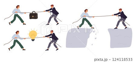 Business competition. Men and women competing against each other. Tug of war. People pulling rope at edge of mountain cliff. Businessman briefcase. Collogues rivalry. Vector concepts set 124118533