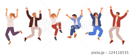 Cheerful bouncing people. Joyful men and women jumping. Happiness position. Happy characters having fun and joy. Emotion expression. Holiday celebration. Vector excited persons set 124118535