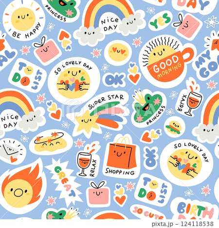 Colorful cartoon stickers with positive phrases. Happy emoji seamless pattern. Sun emoticon with lovely lettering. Good morning cup. Repeated print. Rainbow and clouds. Vector background 124118538