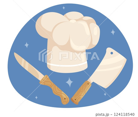 Crossed kitchen knives and chef hat. Food preparation. Restaurant cook cap. Professional steel blade. Household kitchenware. Gourmet cuisine. Catering service. Vector culinary label Crossed kitchen knives and chef hat. Food preparation. Restaurant cook cap. Professional steel blade. Household kitchenware. Gourmet cuisine. Catering service. Vector culinary label 124118540
